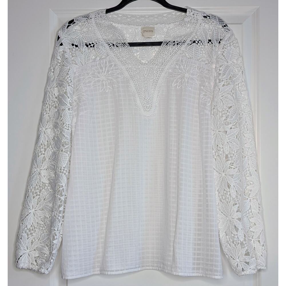 Chico's Alabaster Floral Embroidered Mesh Sleeve Dobby Grid Sz 1 Coastal Luxe